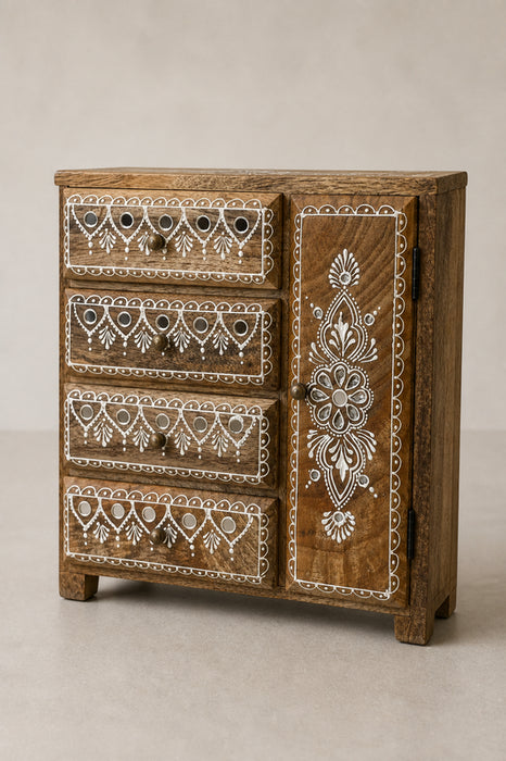 Boîte à bijoux en bois de manguier peint en blanc 4 tiroirs et 1 porte 27,5x12,5x28cm