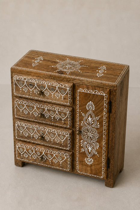 Boîte à bijoux en bois de manguier peint en blanc 4 tiroirs et 1 porte 27,5x12,5x28cm