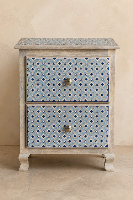 Nachttisch Mangoholz 2 Schubladen blau bemalt 45x30x55cm