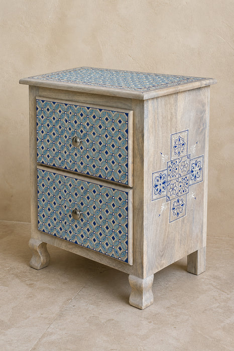 Nachttisch Mangoholz 2 Schubladen blau bemalt 45x30x55cm