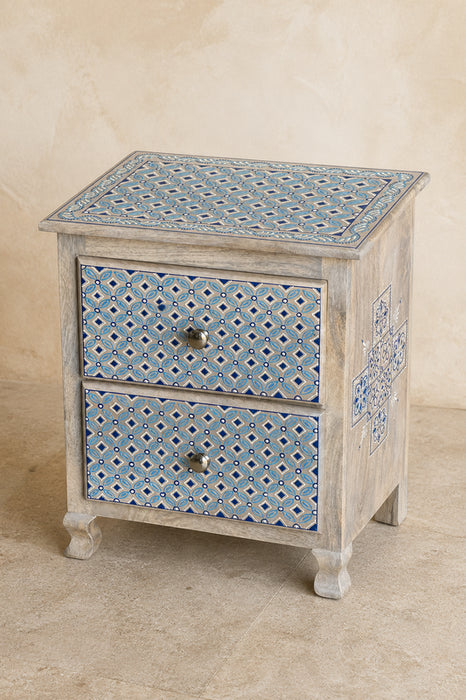 Nachttisch Mangoholz 2 Schubladen blau bemalt 45x30x55cm