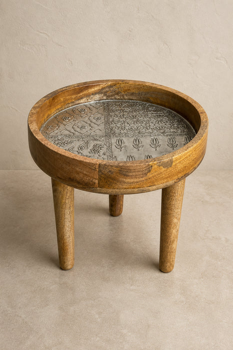 Beistelltisch Mangoholz rund gravierte Beschichtung 29.5x25cm