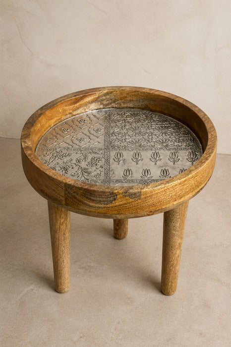 Beistelltisch Mangoholz rund gravierte Beschichtung 29.5x25cm