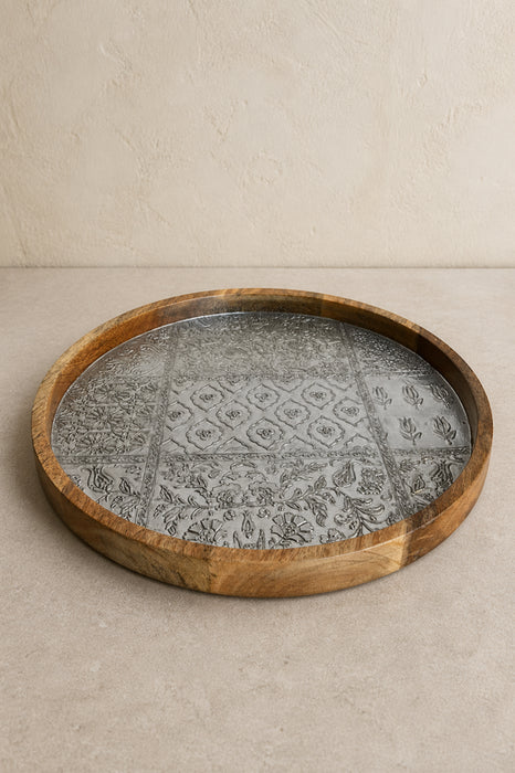 Serviertablett Mangoholz rund gravierte Beschichtung 2 40x7.5cm