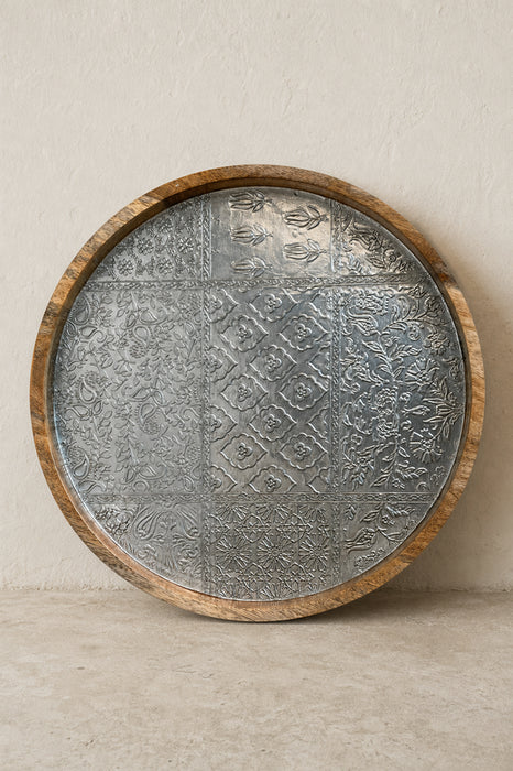 Serviertablett Mangoholz rund gravierte Beschichtung 2 40x7.5cm
