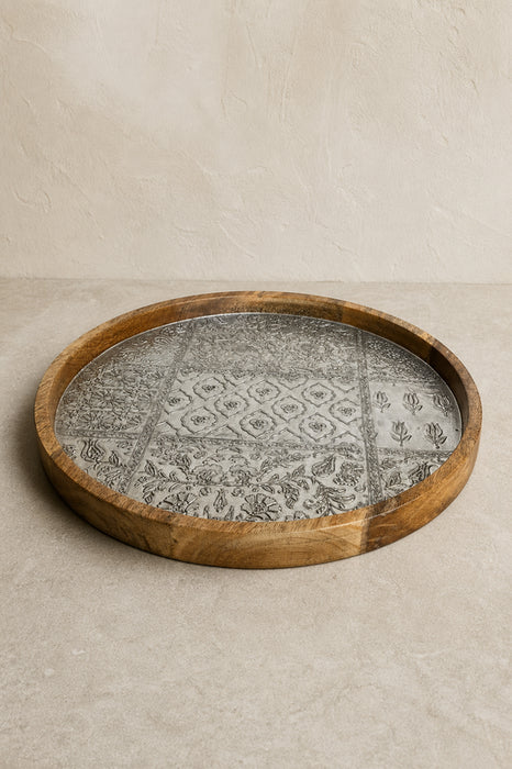 Serviertablett Mangoholz rund gravierte Beschichtung 2 40x7.5cm