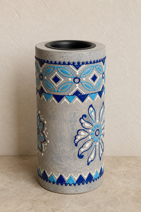 Kerzenständer Mangoholz gross blau bemalt 7x17.5cm