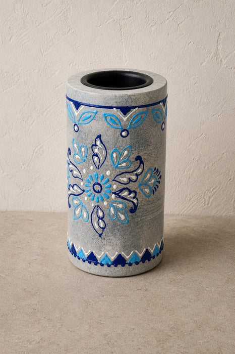 Kerzenständer Mangoholz klein blau bemalt 7x12.5cm
