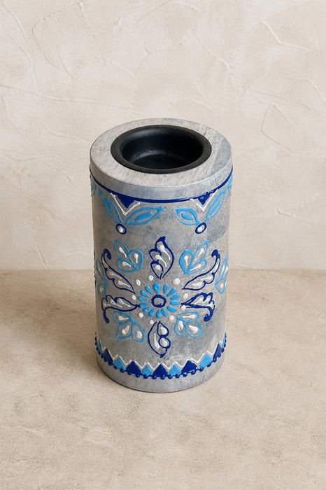 Kerzenständer Mangoholz klein blau bemalt 7x12.5cm