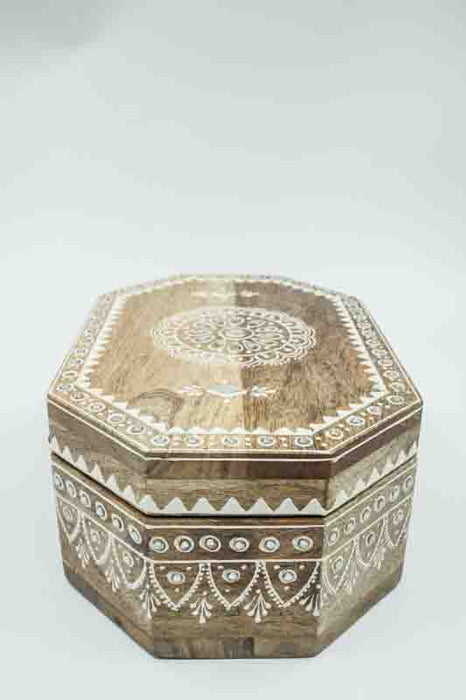 Decorative box mango wood hexagonal white painted 25x16.25x10cm