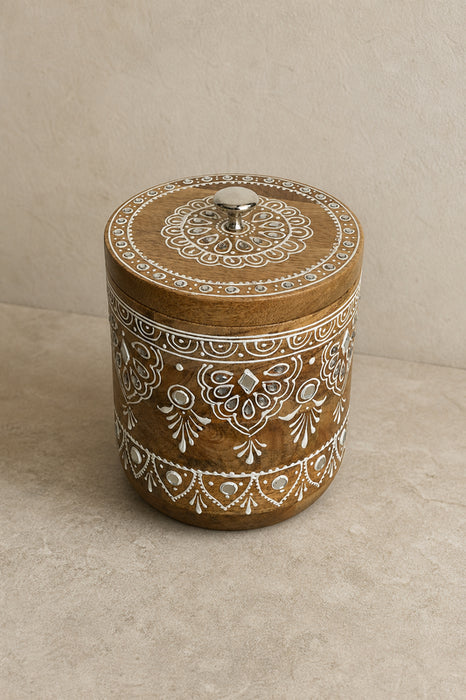 Dekobox Mangoholz rund weiss bemalt 17.5x24cm