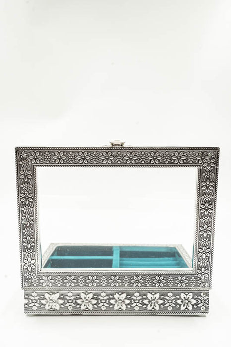 Schmuckschatulle für Ringe mit Glasdeckel silberfarben - ausgekleidet mit türkisfarbenem Samt 20x15x5cm