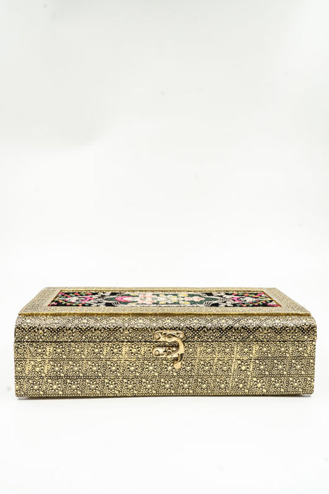 Shagun Box goldfarben mit Stickereien multicolor 25x15x6cm