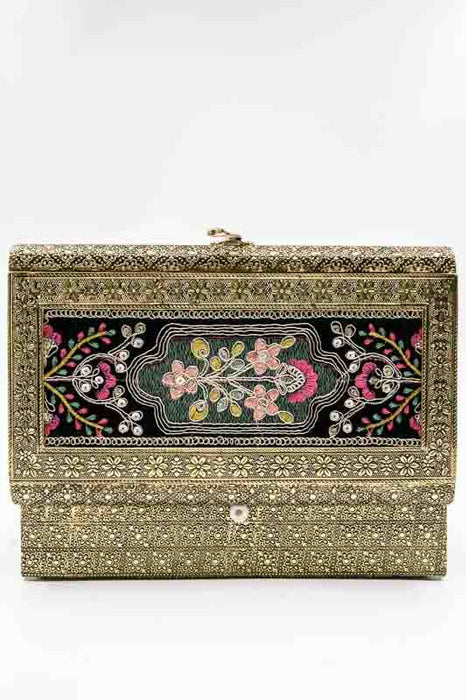Shagun Box goldfarben mit Stickereien multicolor 25x15x6cm