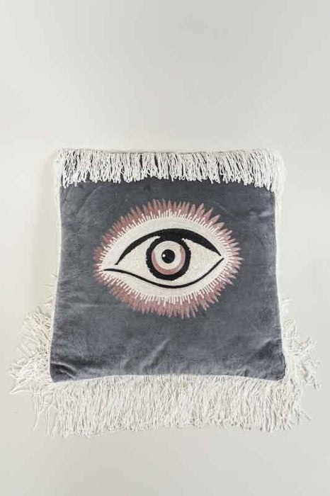 Coussin décoratif en velours de coton bleu avec œil 45x45cm