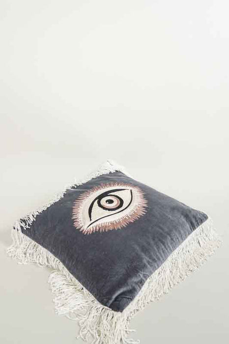 Coussin décoratif en velours de coton bleu avec œil 45x45cm