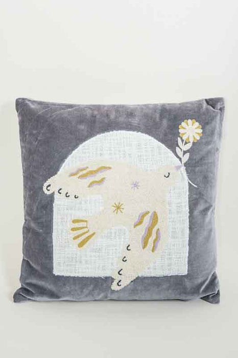 Decorative cushion blue cotton velvet with dove of peace 45x45cm