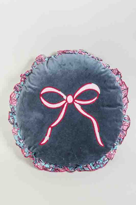 Decorative cushion cotton velvet round blue with loop 35cm