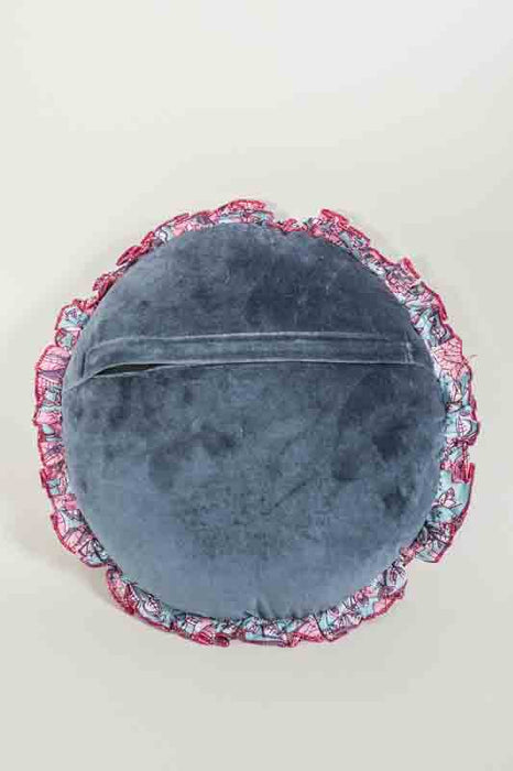 Decorative cushion cotton velvet round blue with loop 35cm