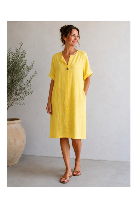Leinenkleid 3/4 Ärmel zitronengelb - One Size