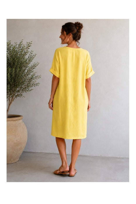 Leinenkleid 3/4 Ärmel zitronengelb - One Size