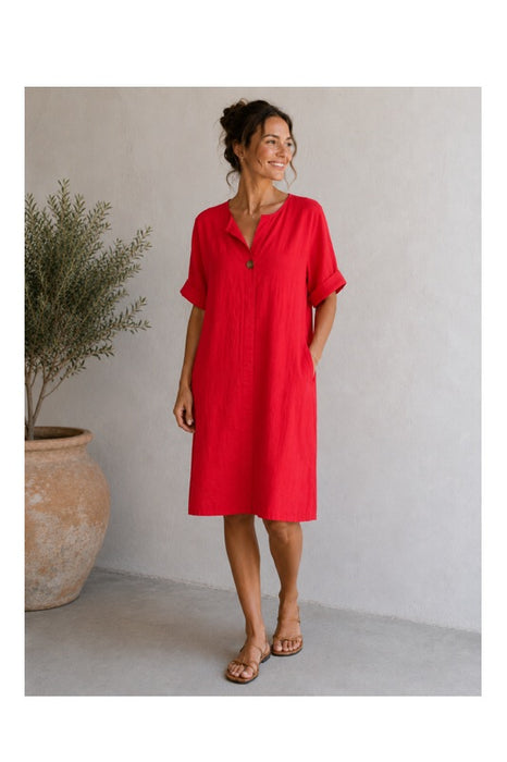 Leinenkleid 3/4 Ärmel rot - One Size