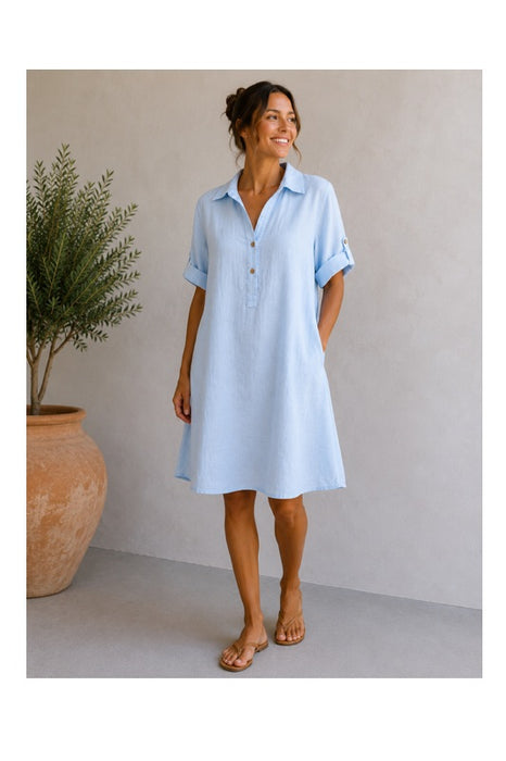 Leinenkleid 3/4 Ärmel hellblau - One Size