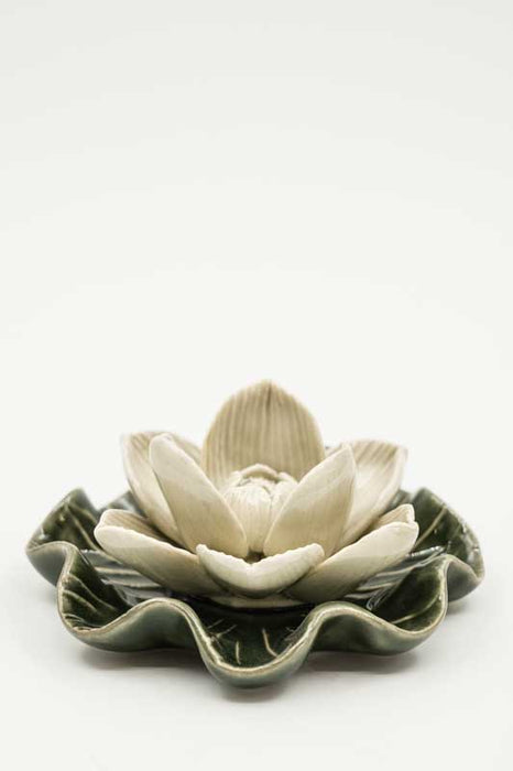 Incense Holder Ceramic Lotus Flower on Leaf Small