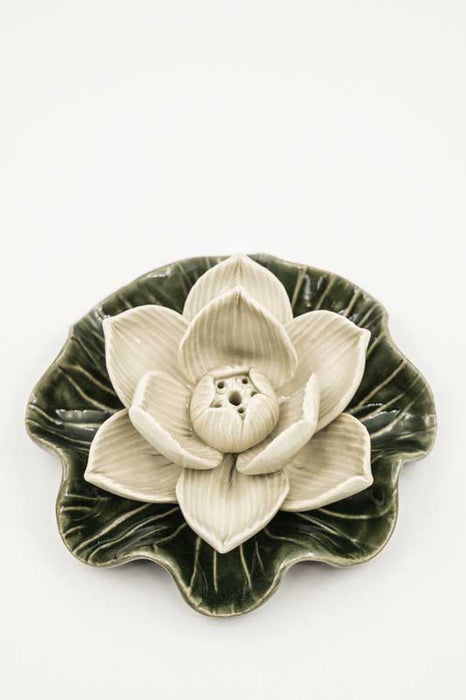 Incense Holder Ceramic Lotus Flower on Leaf Small