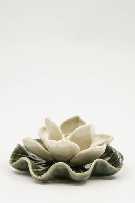 Incense Holder Ceramic Lotus Flower on Leaf Small