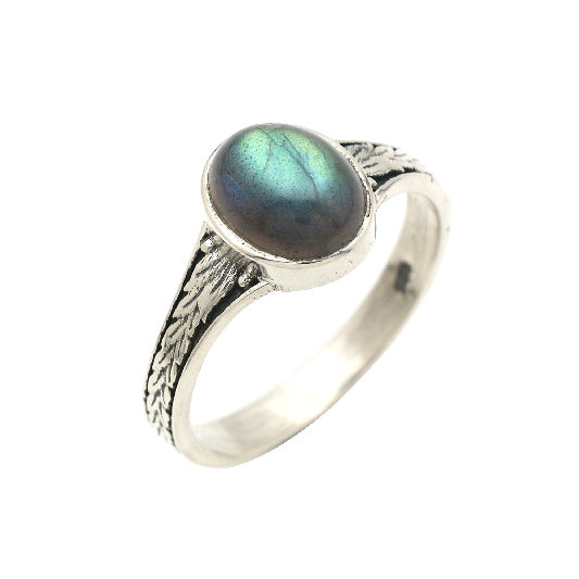 Ring Messing versilbert Fassung mit Blattmuster mit Labradorit
