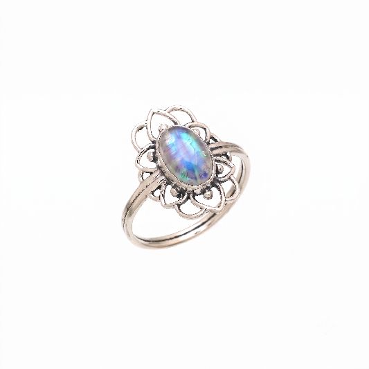 Ring Messing versilbert Fassung in Blumenform mit ovalem Mondstein