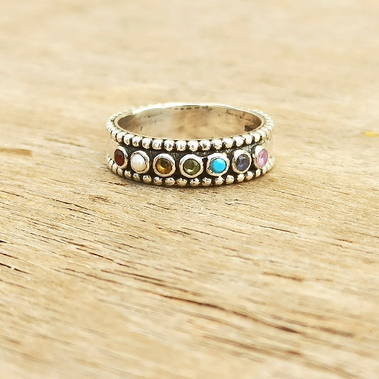 Ring Messing versilbert Granat, Perle, Citrin, Peridot, Türkis, Iolit, Amethyst