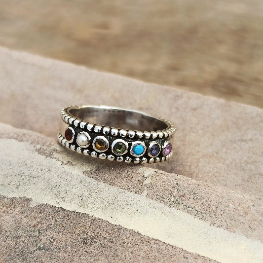 Ring Messing versilbert Granat, Perle, Citrin, Peridot, Türkis, Iolit, Amethyst