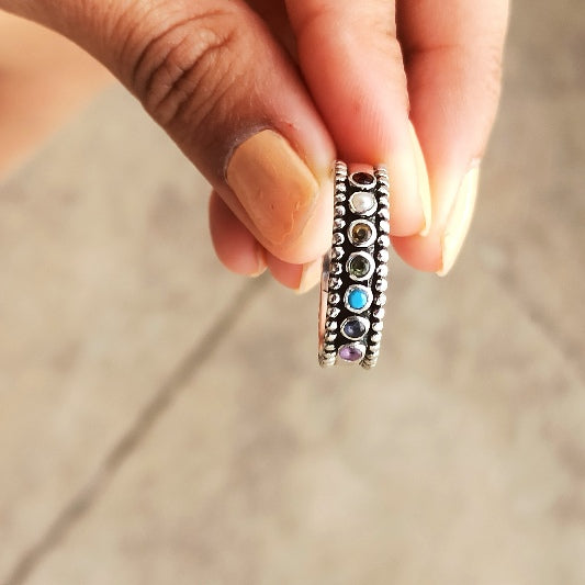 Ring Messing versilbert Granat, Perle, Citrin, Peridot, Türkis, Iolit, Amethyst