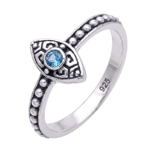Ring Messing versilbert Fassung Augenförmig mit blauem Topaz