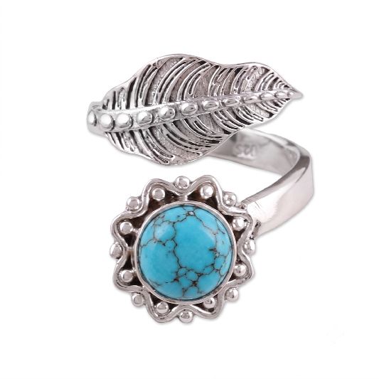 Ring Messing versilbert blattförmige Fassung mit Türkis