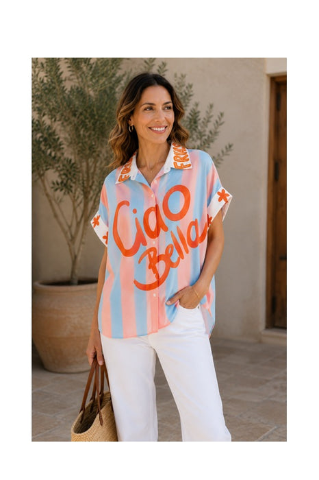 Bluse Polyester/Leinen kurzarm "Ciao Bella" - One Size
