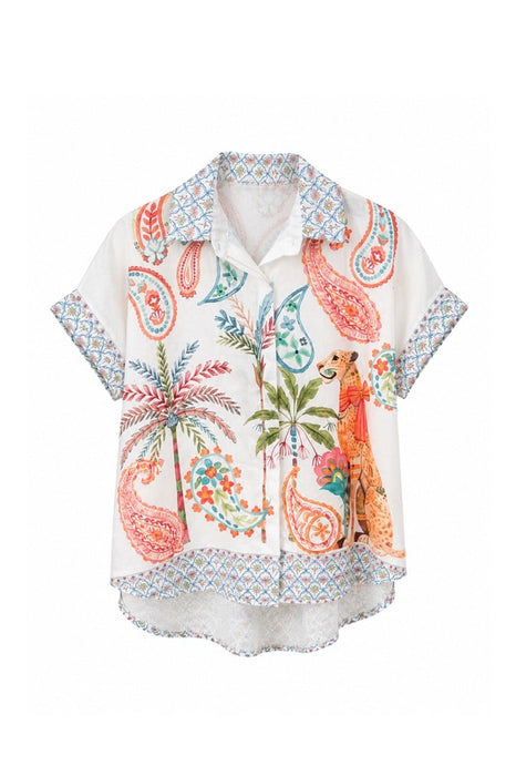 Bluse Polyester/Leinen kurzarm Paisley Leopard - One Size