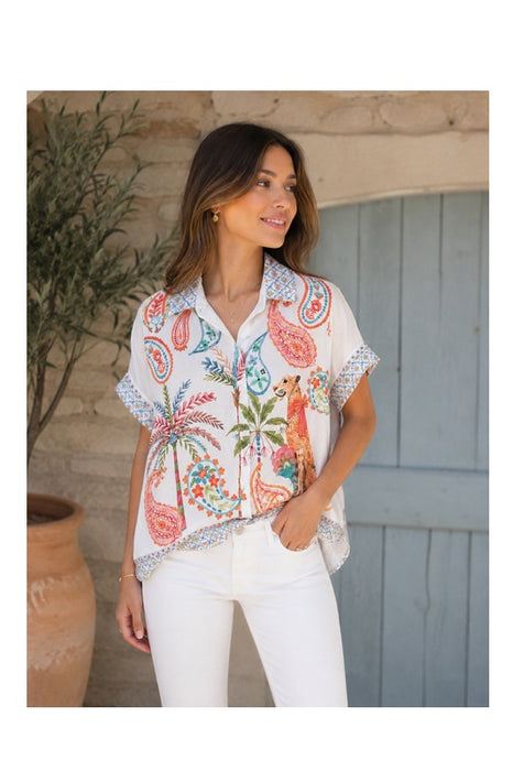 Bluse Polyester/Leinen kurzarm Paisley Leopard - One Size