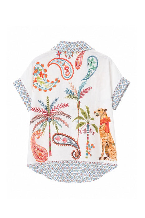 Bluse Polyester/Leinen kurzarm Paisley Leopard - One Size