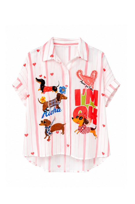 Bluse Polyester/Leinen kurzarm "I'm OK" - One Size