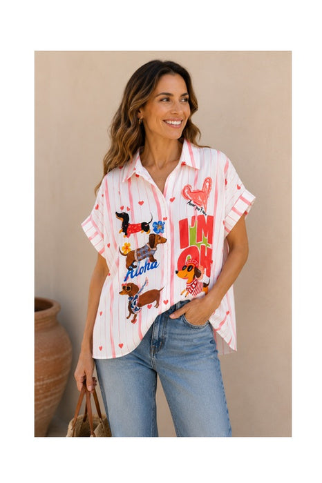 Bluse Polyester/Leinen kurzarm "I'm OK" - One Size