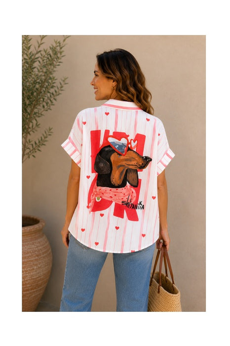 Bluse Polyester/Leinen kurzarm "I'm OK" - One Size