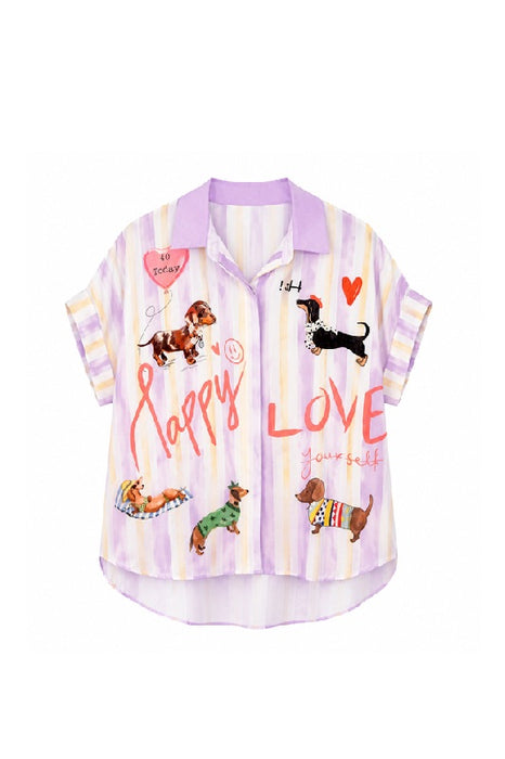 Blouse polyester/lin à manches courtes "Happy Love" - Taille unique