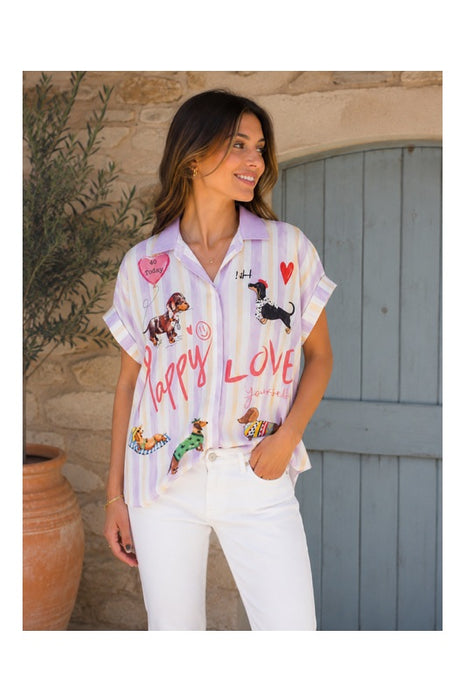 Blouse polyester/lin à manches courtes "Happy Love" - Taille unique