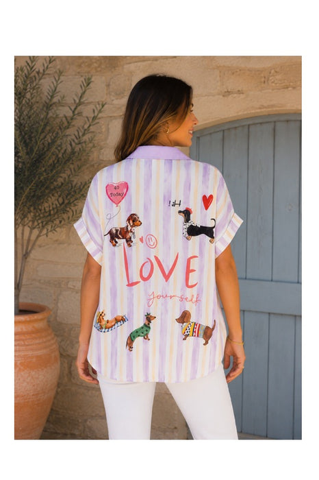 Blouse polyester/lin à manches courtes "Happy Love" - Taille unique