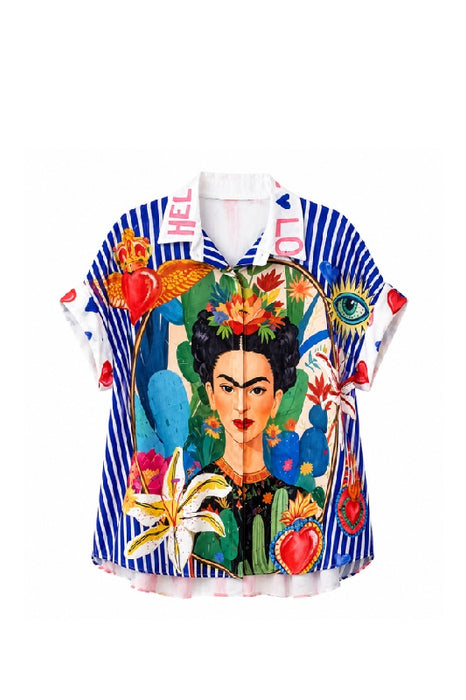 Bluse Polyester/Leinen kurzarm Frida Kahlo "Hello" - One Size