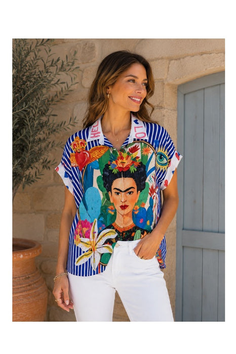 Bluse Polyester/Leinen kurzarm Frida Kahlo "Hello" - One Size