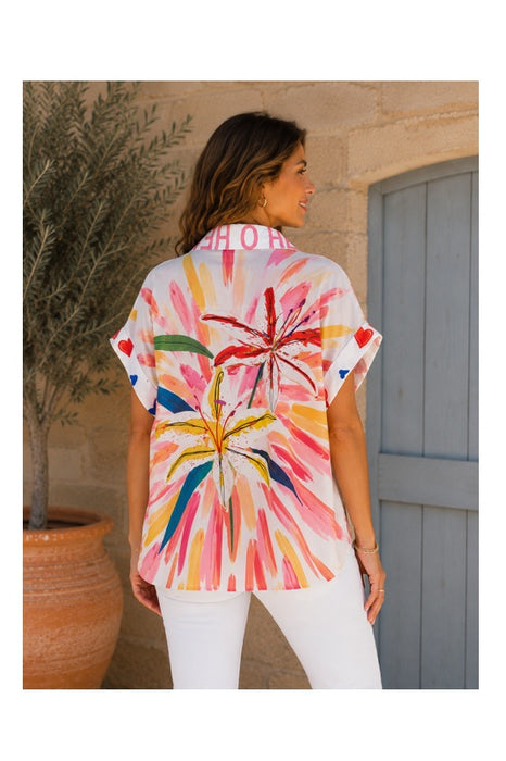 Bluse Polyester/Leinen kurzarm Frida Kahlo "Hello" - One Size